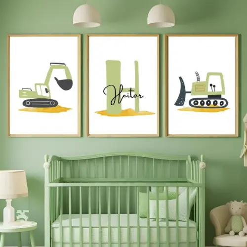 Quadro Decorativo Infantil Trator Retroescavadeira com Nome