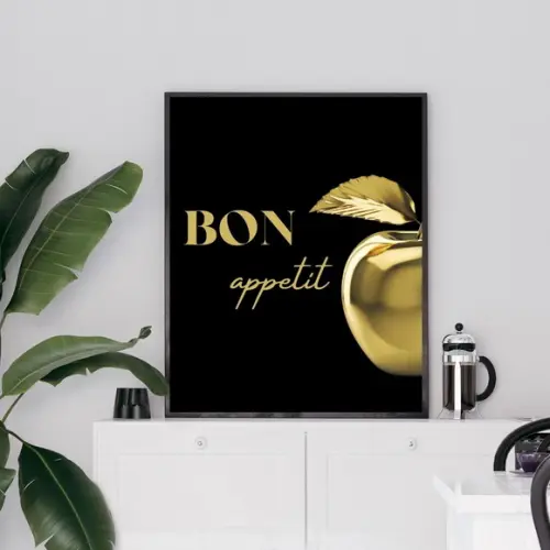 Quadro Decorativo Maçã Dourada Frase Bon Apetit 33x43cm