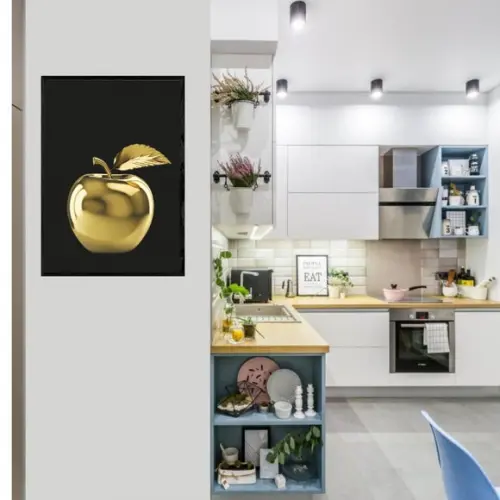 Quadro Decorativo Maça Dourada para Cozinha Grande com Vidro