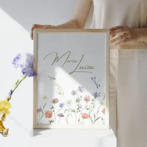 Quadro Decorativo Menina Personalizado com Nome Floral 23x33