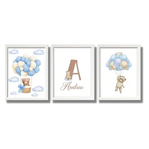 Quadro Decorativo para Quarto de Bebe Urso Azul C/nome 33x43