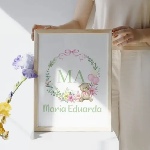 Quadro Decorativo Quarto de Menina Ursa Personalizado 33x43