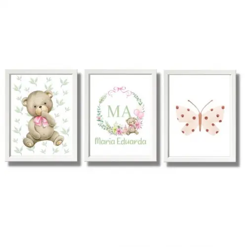 Quadro Decorativo Quarto de Menina Ursa Personalizado 33x43