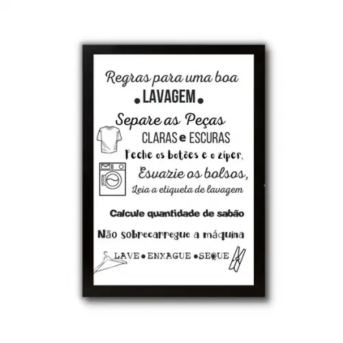 Quadro Decorativo Regras da Lavanderia Moldura e Vidro 30x40