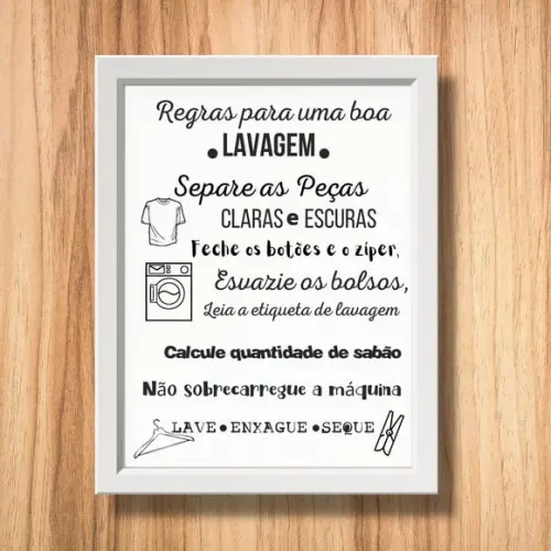 Quadro Decorativo Regras da Lavanderia Moldura e Vidro 30x40