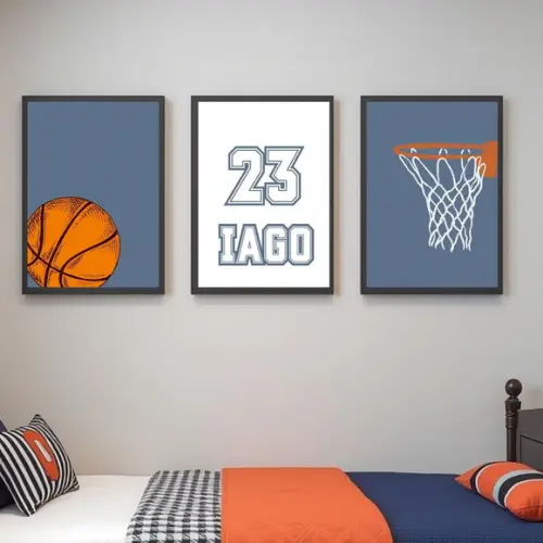 Quadro Decorativo Quarto Menino Esporte Basquete com Vidro
