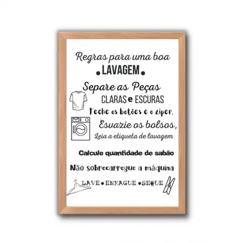 Quadro Decorativo Regras da Lavanderia Moldura e Vidro 30x40