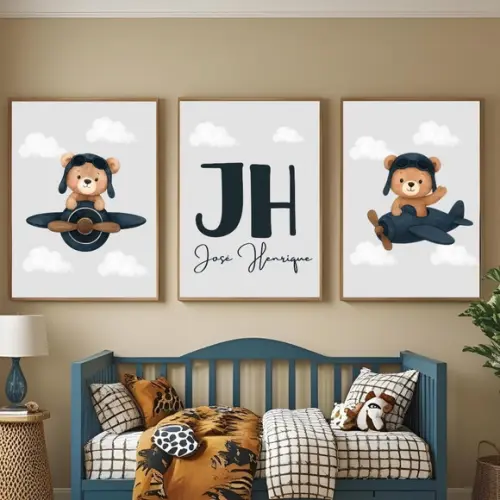 Quadro Decorativo Urso Aviador Bebê Moldura com Vidro 33x43