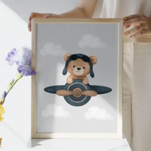 Quadro Decorativo Urso Aviador Bebê Moldura com Vidro 33x43