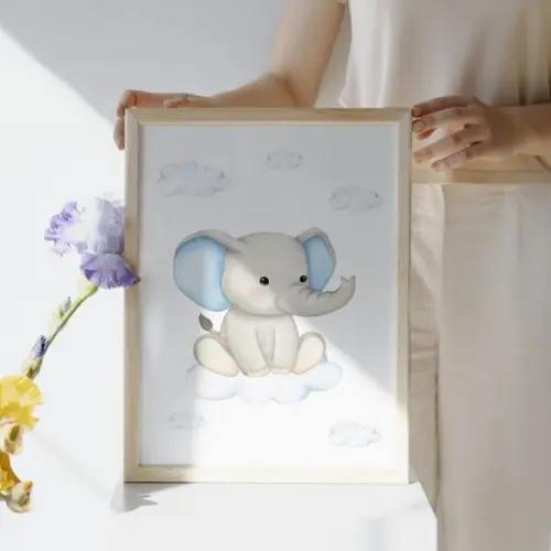 Quadro Elefantinho para Quarto de Bebê Azul com Vidro