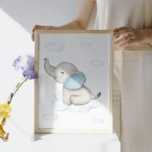 Quadro Elefantinho para Quarto de Bebê Azul Menino 33x43 cm