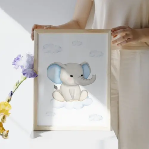 Quadro Elefantinho para Quarto de Bebê Azul Menino 33x43 cm