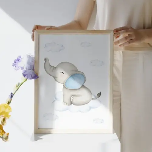 Quadro Elefantinho para Quarto de Bebê Azul com Vidro