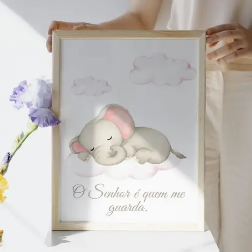 Quadro Elefantinho para Quarto de Bebê Menina com Vidro