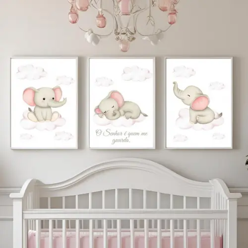 Quadro Elefantinho para Quarto de Bebê Menina com Vidro