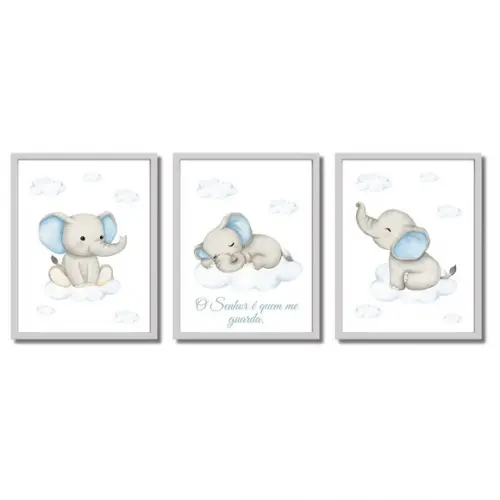 Quadro Elefantinho para Quarto de Bebê Azul Menino 33x43 cm