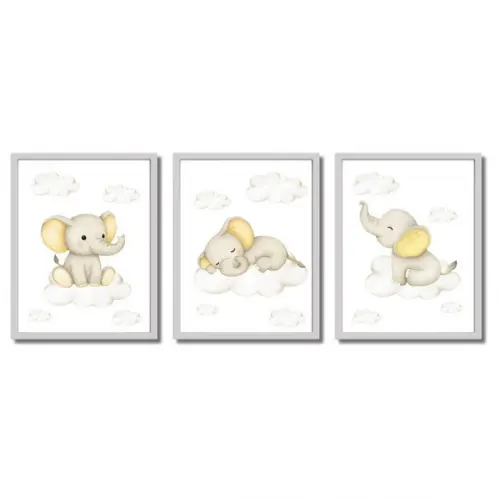 Quadro Elefantinho para Quarto de Bebê Unissex Amarelo 33x43