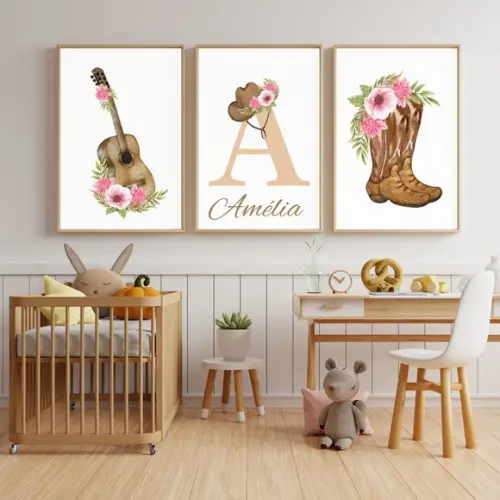 Quadro Fazendinha Quarto de Menina Personalizado Aquarela A4