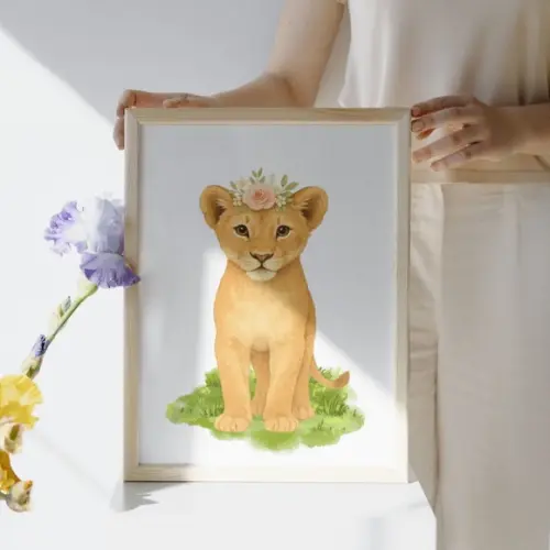 Quadro Feminino Animais Quarto de Bebê Moldura com Vidro