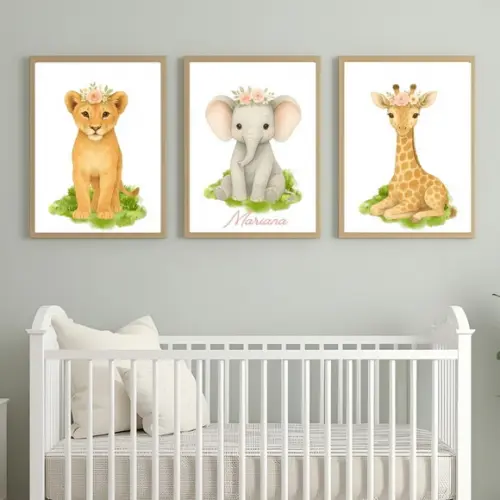 Quadro Feminino Animais Quarto de Bebê Moldura com Vidro