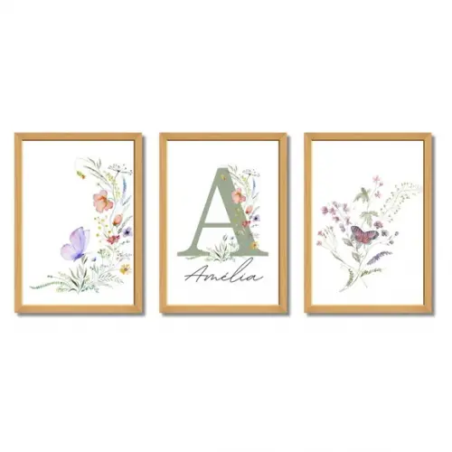 Quadro Floral Infantil com Nome da Criança Quarto de Menina