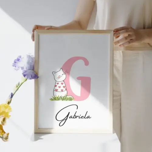 Quadro Gatinha Personalizado Quarto de Menina com Vidro