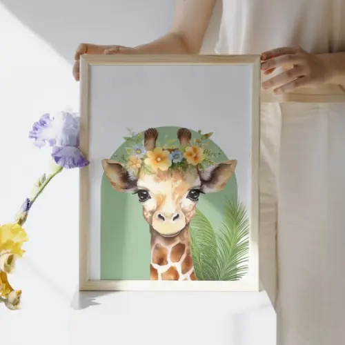 Quadro Girafa Quarto de Menina com Flor Aquarela 33x43 cm