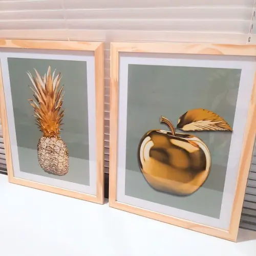 Quadro Grande para Cozinha Abacaxi Dourado 33x43 com Vidro