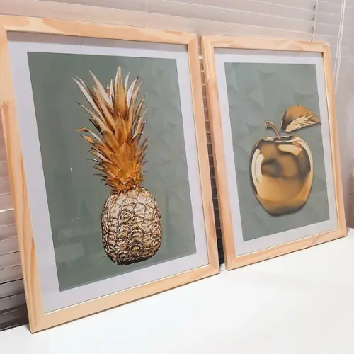 Quadro Grande para Cozinha Abacaxi Dourado 33x43 com Vidro