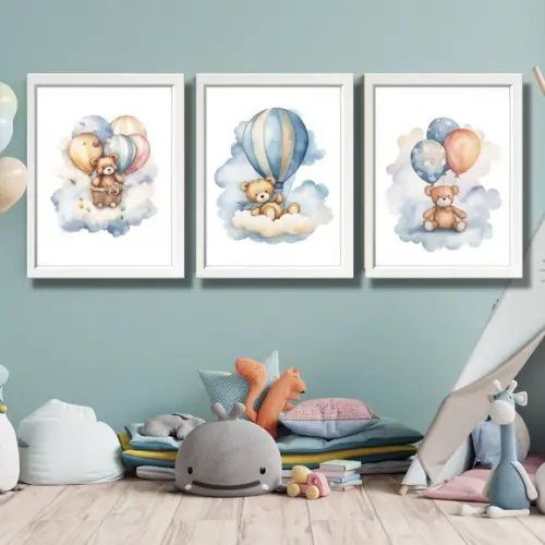 Quadro Grande Quarto de Bebe com Nome Urso Balão Azul 33x43