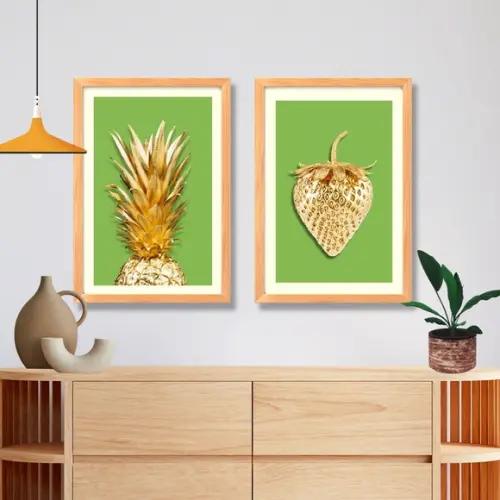 Quadro Grande para Cozinha Abacaxi e Morango Verde 33x43cm