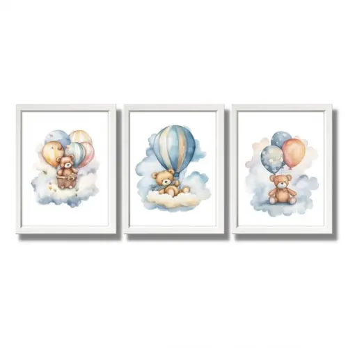 Quadro Grande Quarto de Bebe com Nome Urso Balão Azul 33x43