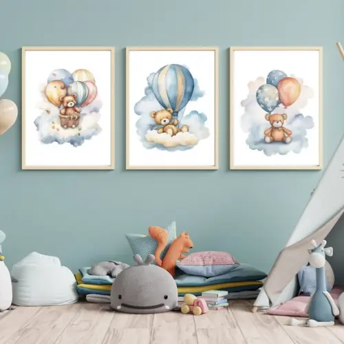 Quadro Grande Quarto de Bebe com Nome Urso Balão Azul 33x43