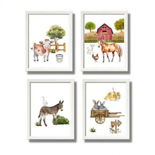 Quadro Infantil Animais da Fazenda Aquarela Moldura 23x33cm