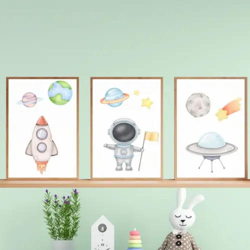 Quadro Infantil Aquarela Foguete Astronauta Moldura 23x33 cm