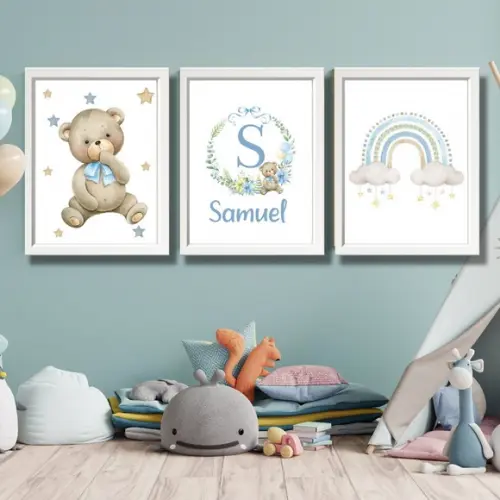 Quadro Infantil Aquarela Personalizado Urso Azul 33x43 cm