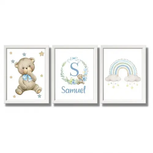 Quadro Infantil Aquarela Personalizado Urso Azul 33x43 cm