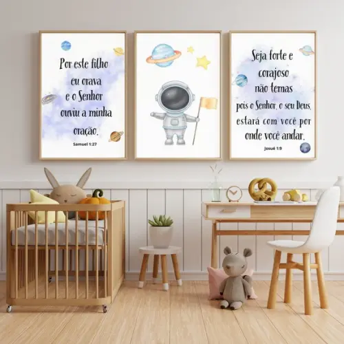 Quadro Infantil Astronauta com Frases Bíblicas Versículos