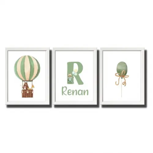Quadro Infantil Balão Verde Personalizado Nome do Bebe 33x43