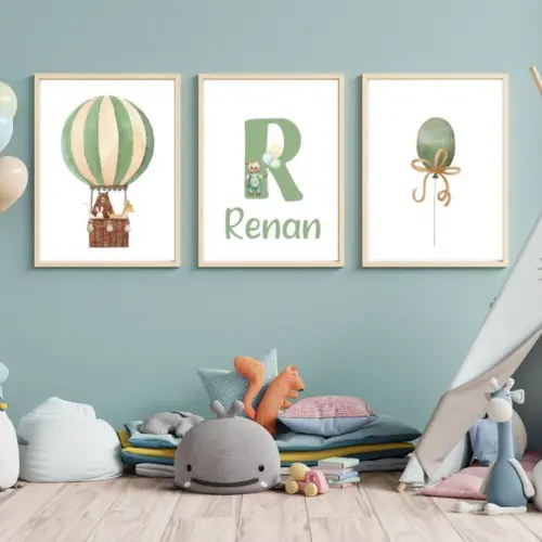 Quadro Infantil Balão Verde Personalizado Nome do Bebe 33x43
