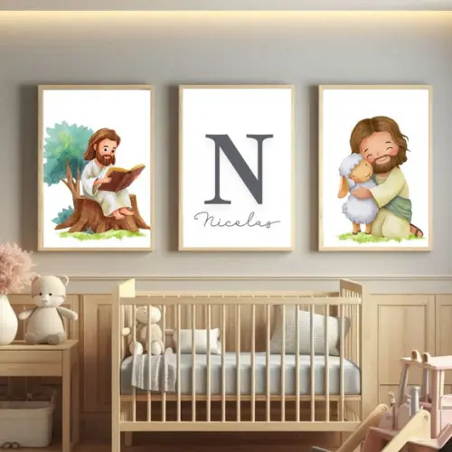 Quadro Infantil Bíblico Delicado para Quarto de Bebê 33x43cm