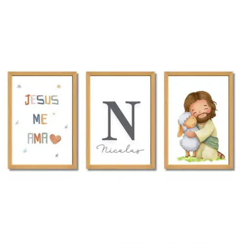Quadro Infantil Bíblico Jesus Cordeiro Moldura com Vidro