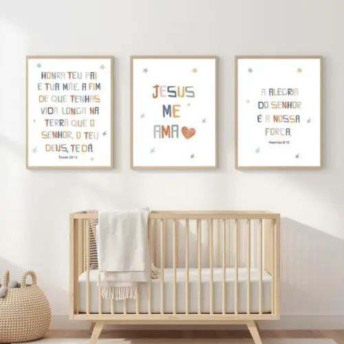 Quadro Infantil Bíblico Proteção em Vidro Moldura de Madeira