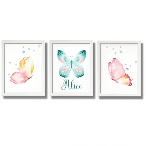 quadro infantil borboletas com nome com moldura/vidro 30x40