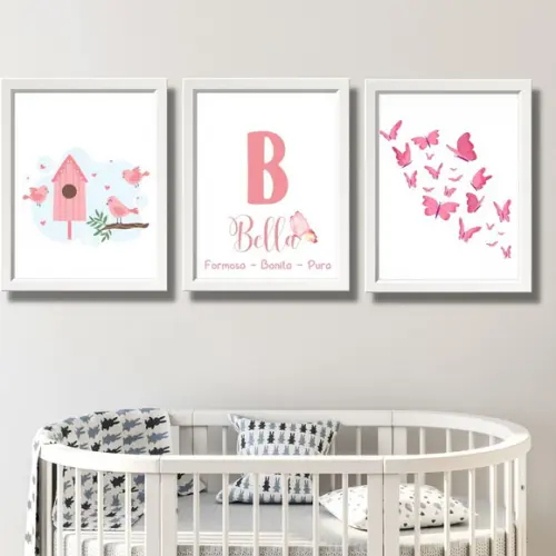quadro infantil casinha de passaros borboletas personalizado