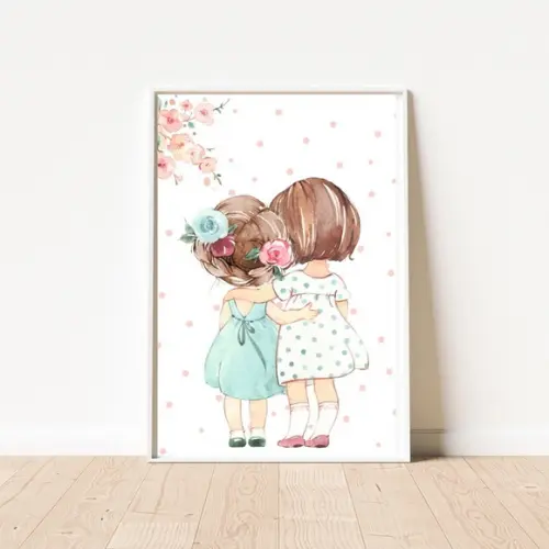 Quadro Infantil com Frase Ter Uma Irmã Menina Aquarela 33x43