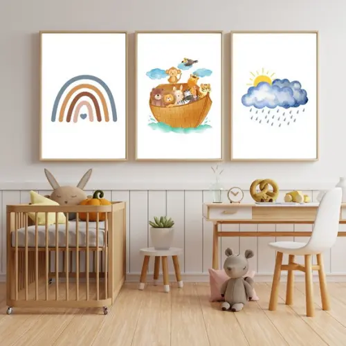 Quadro Infantil Cristão Arca de Noé com Moldura de Madeira