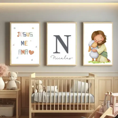 Quadro Infantil Cristão Jesus e Cordeiro para Quarto de Bebê