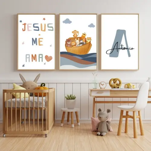 Quadro Infantil Cristão Personalizado Arca de Noé com Vidro