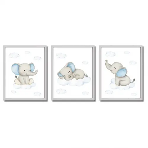 Quadro Infantil de Elefante para Quarto Bebê com Vidro 33x43
